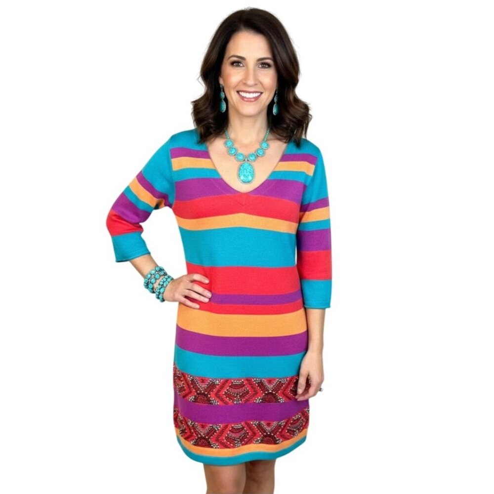 Nanette Lepore Southwestern Beaded Stripe Knit Sweater Dress Size S 3/4 Sleeve